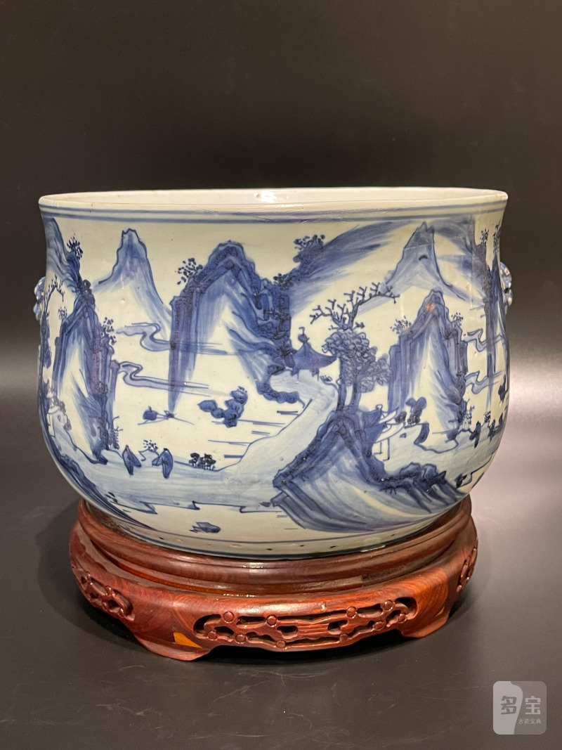 明天启 青花山水人物图铺首大炉 - 图2